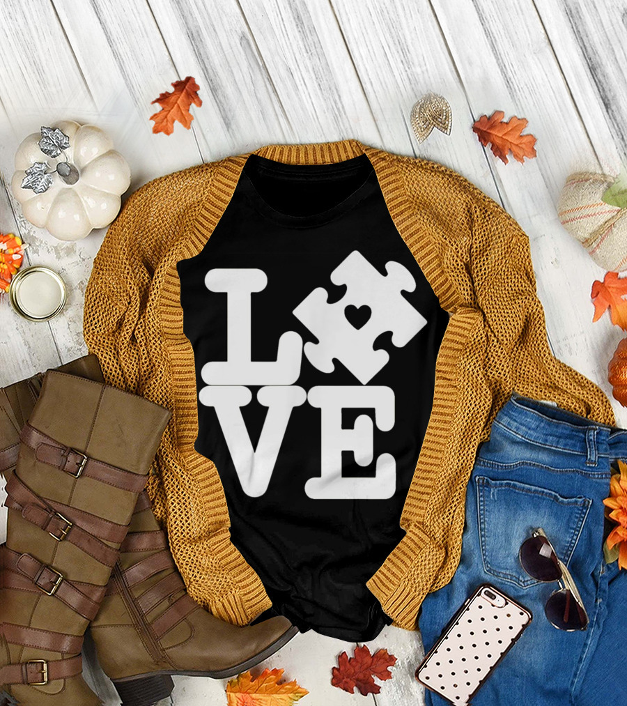 Love Heart Puzzle Piece Autism Awareness Disability Support T-Shirt