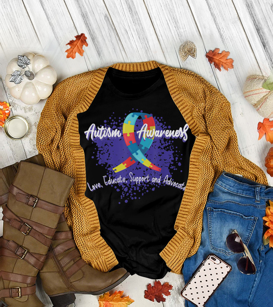 Autism Awareness Love Educate Support and Advocate Puzzle T-Shirt