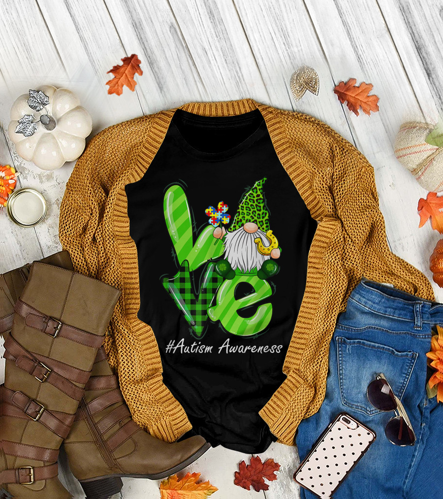 Love Gnome Leopard Autism Awareness Shamrock T-Shirt