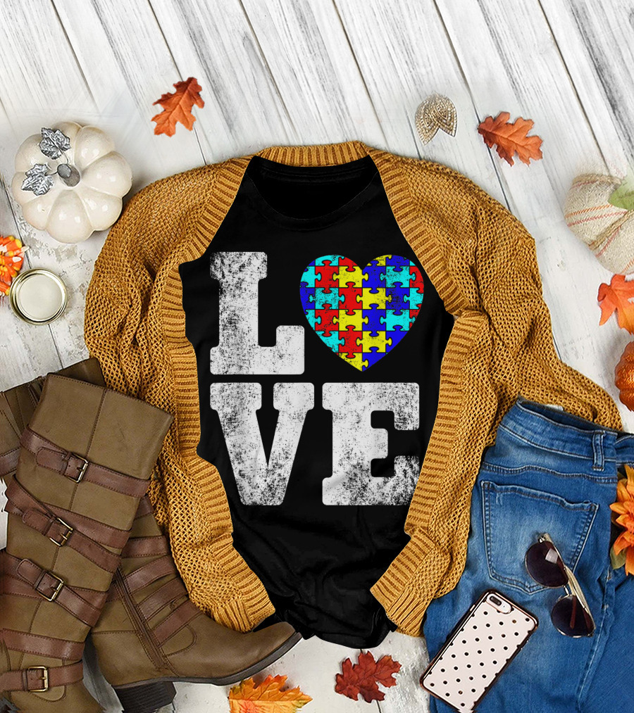 Love Heart Puzzle Autism Awareness Needs No Words T-Shirt