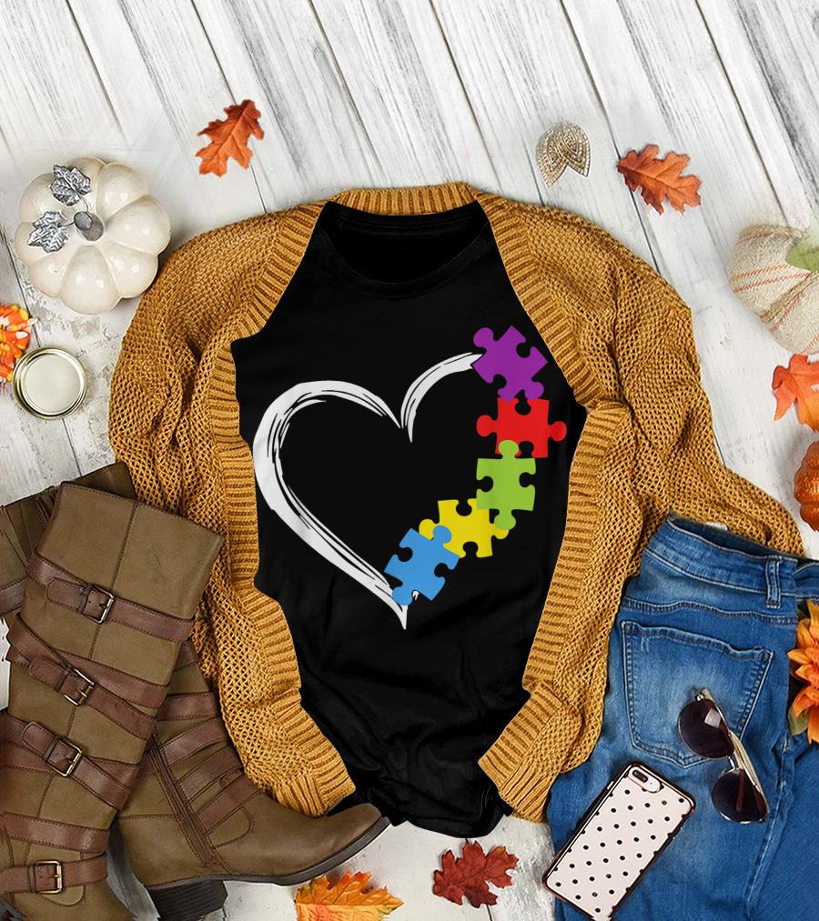 Love Ribbon Heart with Colorful Puzzle Pieces for Autism Awareness T-Shirt