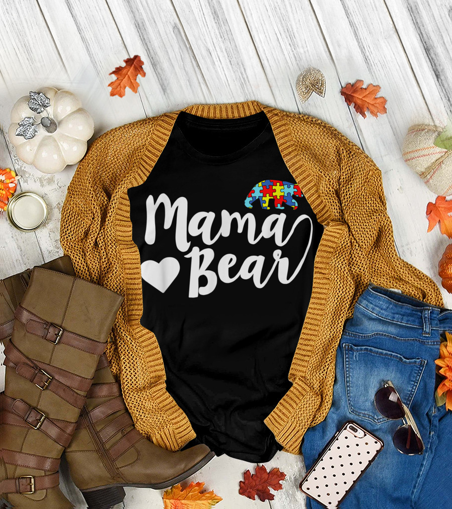 Mama Bear Autism Mom Puzzle Heart T-Shirt