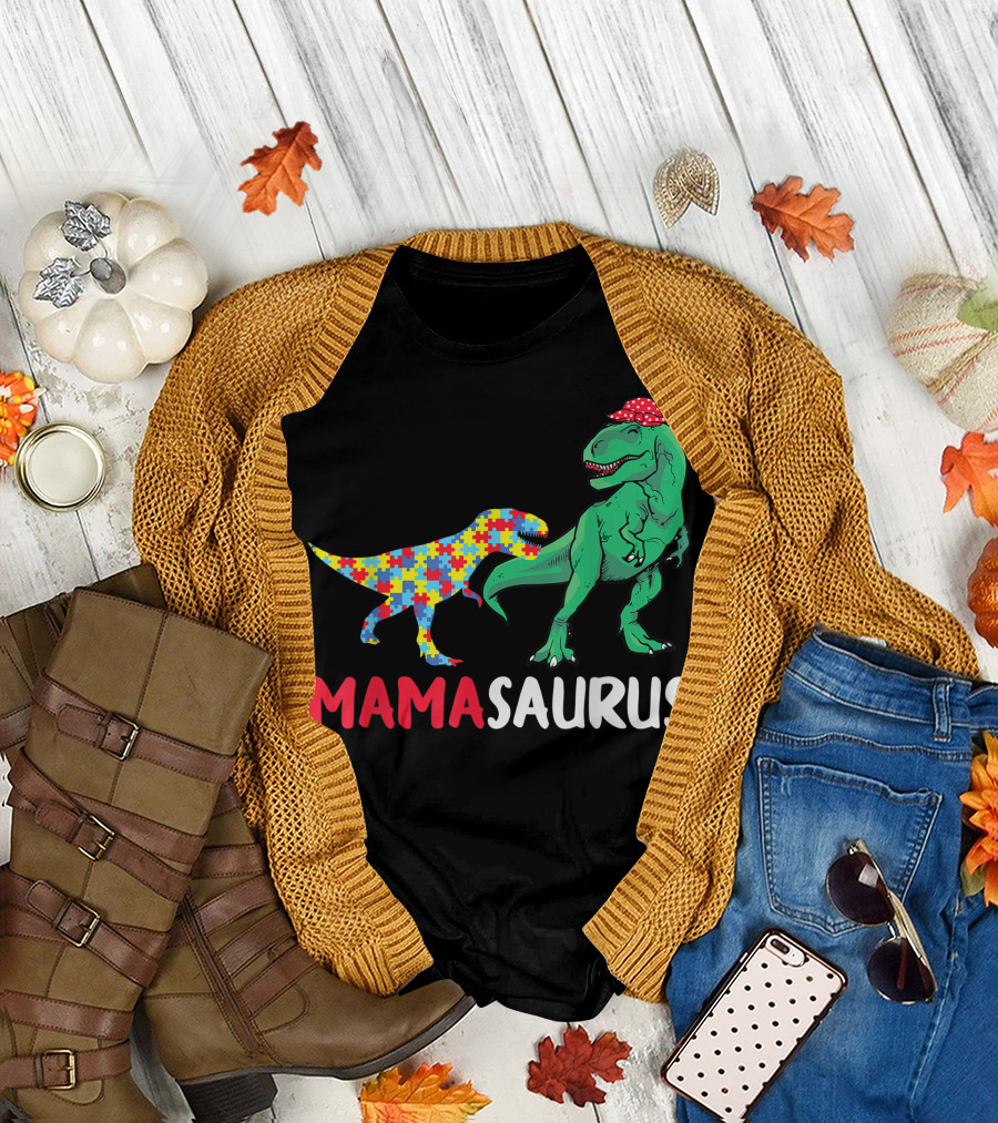 Mamasaurus Dinosaur Puzzle Autism Awareness T-Shirt