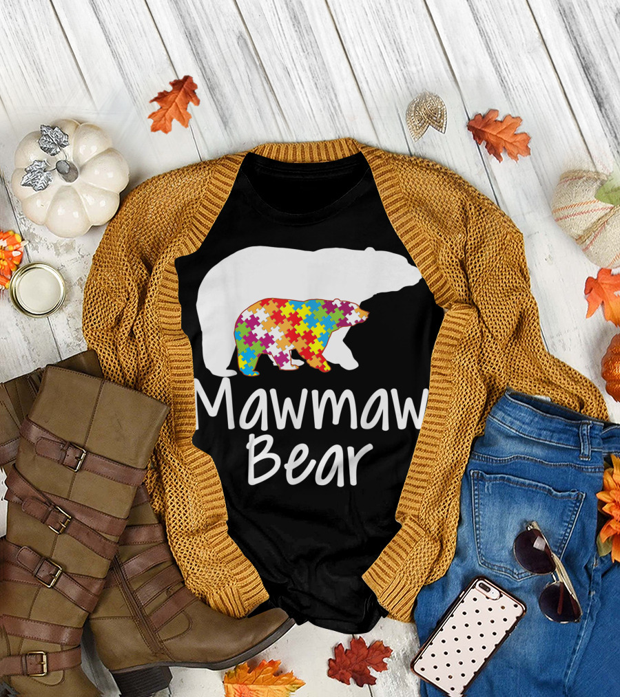 Mawmaw Bear Autism Awareness Rainbow Puzzle Day T-Shirt