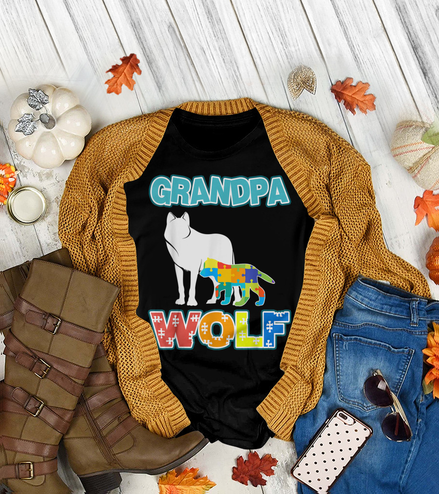 Grandpa Wolf Autism Awareness Puzzle T-Shirt