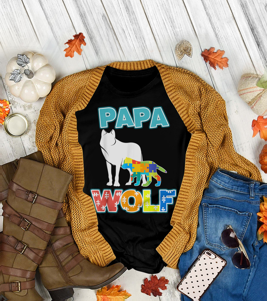 Papa Wolf Autism Awareness Puzzle Dad T-Shirt