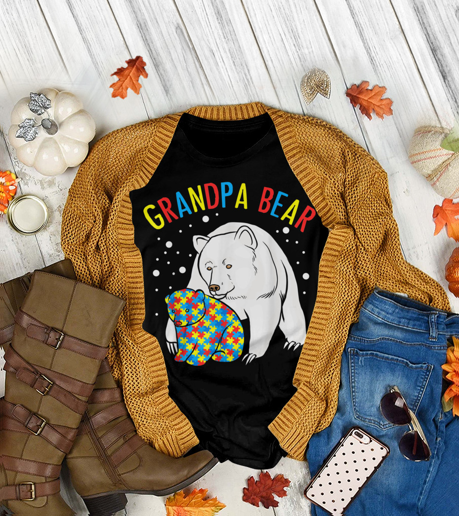 GRANDPA BEAR Autism Awareness Puzzle Pattern Bear T-Shirt
