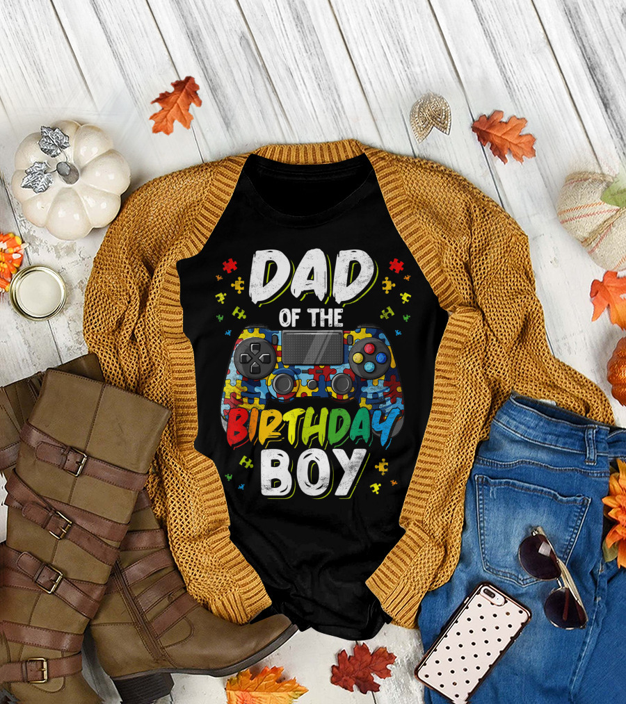 Dad Of The Birthday Boy Autism Puzzle Controller Gaming T-Shirt