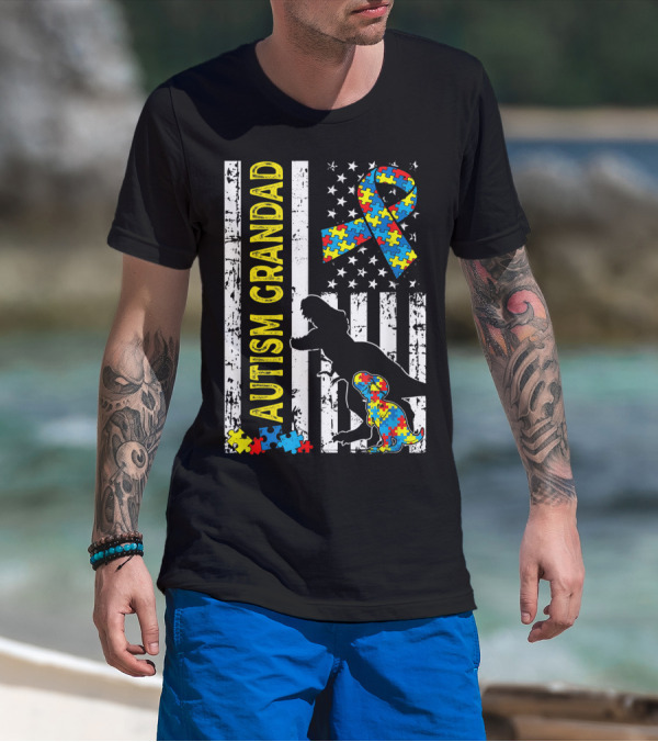 Distressed Autism Grandad Dinosaur American Flag With Puzzle Ribbon USA T-Shirt