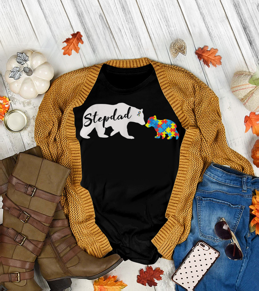 Stepdad Bear with Autistic Puzzle Piece Bear Autism Awareness T-Shirt