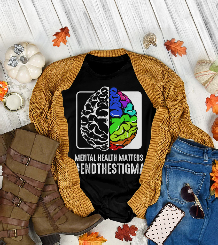 Mental Health Matters End The Stigma Colorful Brain Awareness Support T-Shirt