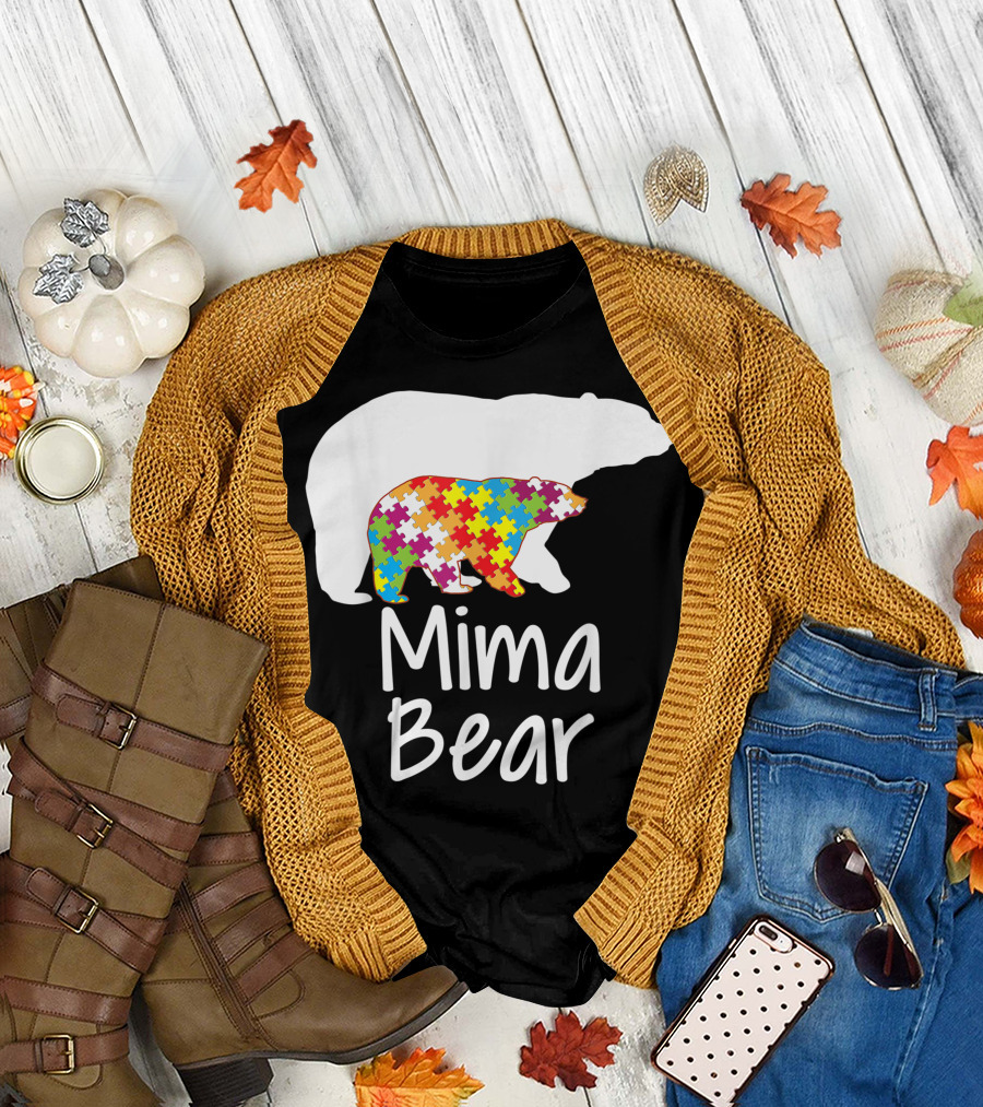 Mima Bear Autism Awareness Rainbow Puzzle Ribbon Day T-Shirt