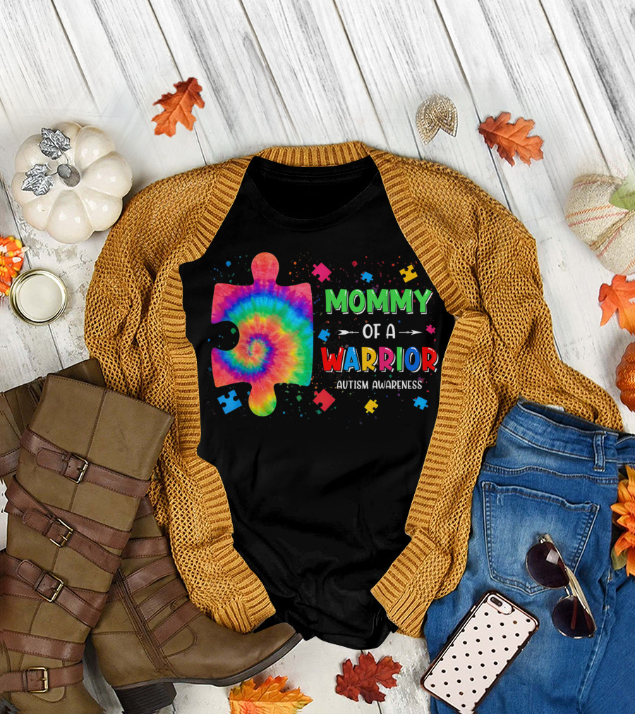 Mommy Of A Warrior Autism Awareness Puzzle Piece Tie-Dye Family Matching T-Shirt