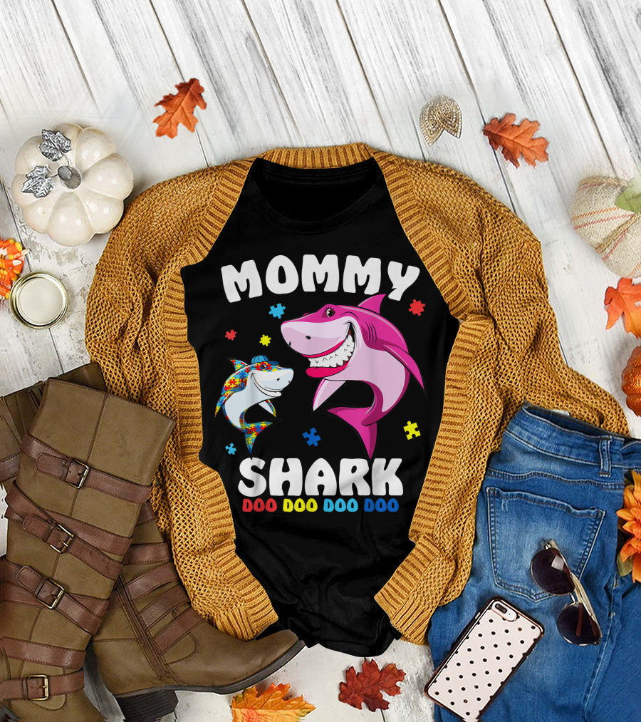 Mommy Shark Autism Awareness Doo Doo Doo Doo Puzzle Pieces T-Shirt