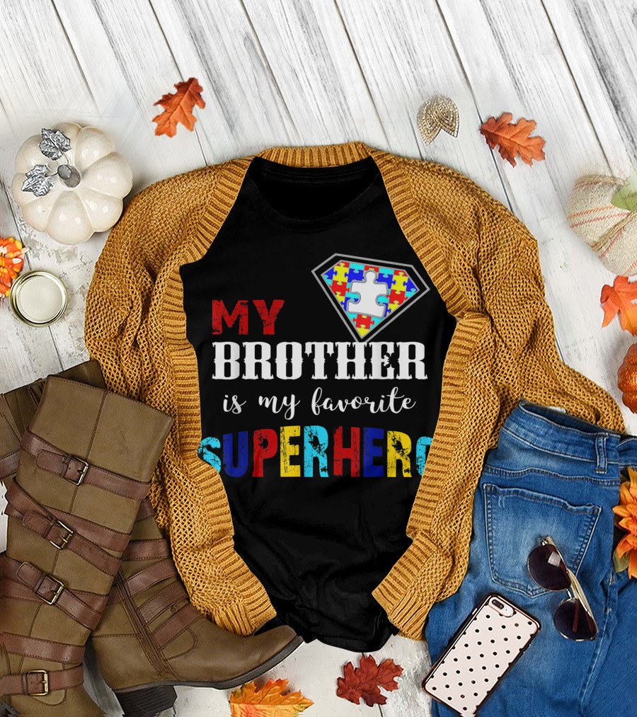 My Brother Is My Favorite Superhero Autism Awareness Puzzle Shield T-Shirt