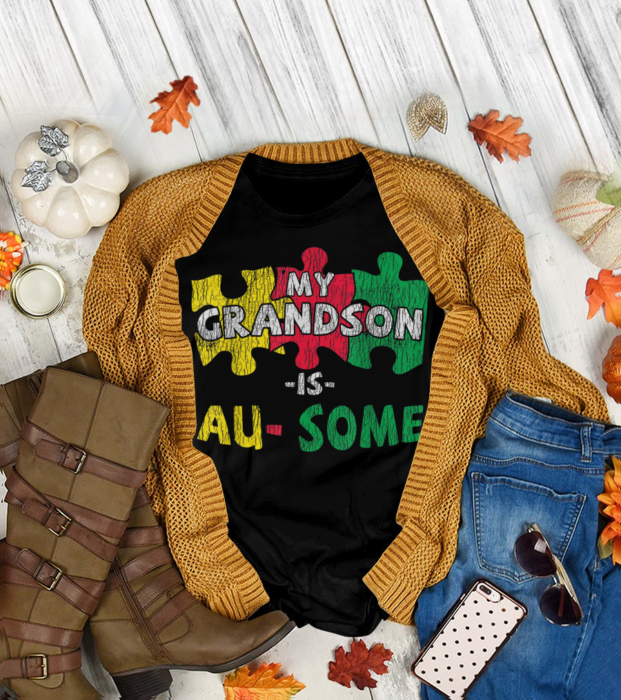 My Grandson Is Awesome Proud Autistic Kids Autism Awareness Puzzle Pieces T-Shirt