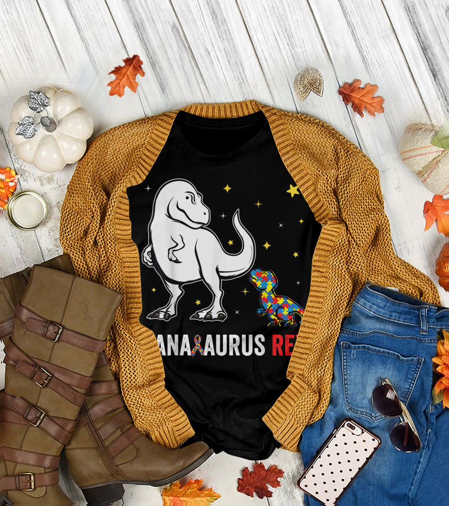 Nanasaurus Rex Nana and Kids Autism Awareness Puzzle Dinosaur with Stars T-Shirt