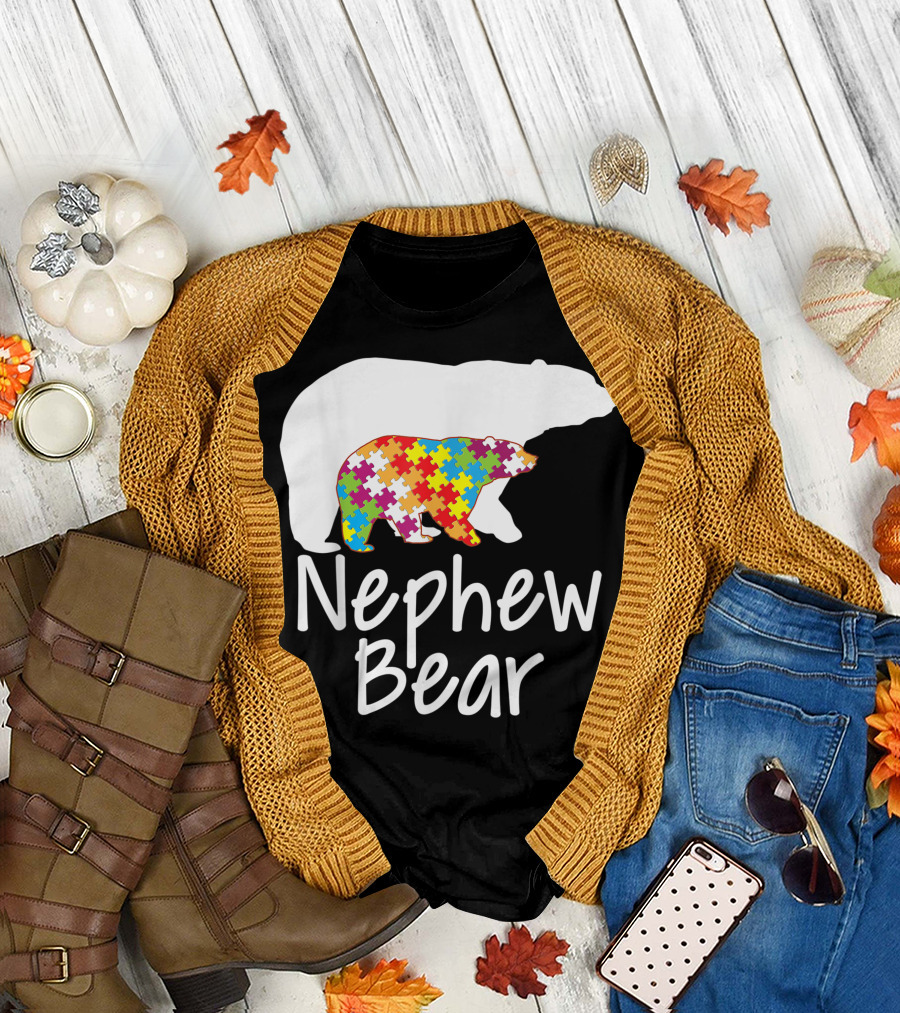 Nephew Bear Autism Awareness Rainbow Puzzle Ribbon Day T-Shirt
