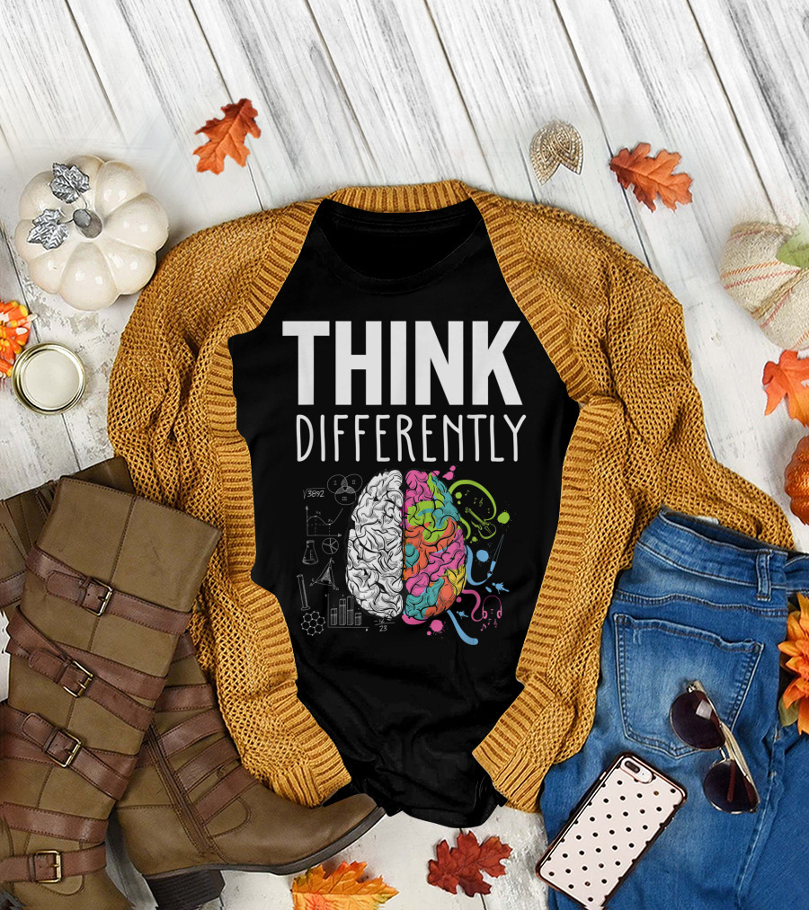 Think Differently Neurodiversity Colorful Brain with Scientific and Artistic Symbols T-Shirt