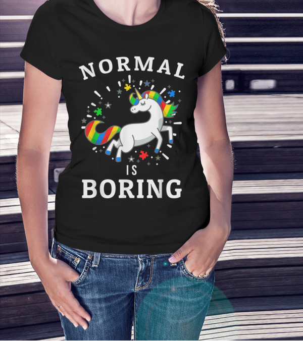 Normal Is Boring Unicorn Autism Awareness Autistic Support Puzzle Pieces T-Shirt