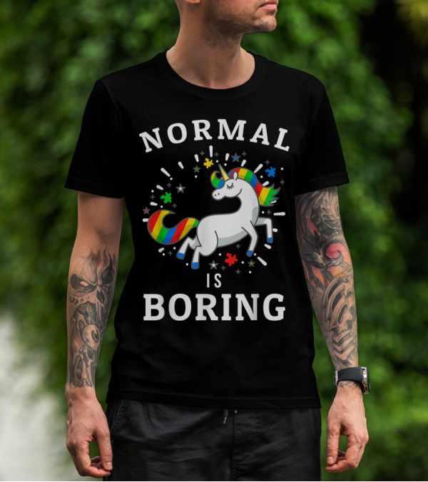 Normal Is Boring Unicorn Autism Awareness Autistic Support Puzzle Pieces T-Shirt