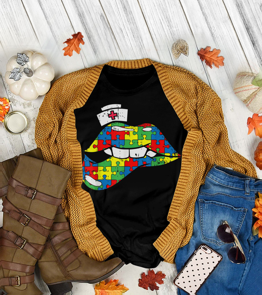Nurse Autism Awareness Puzzle Lip Biting Nursing Hat T-Shirt
