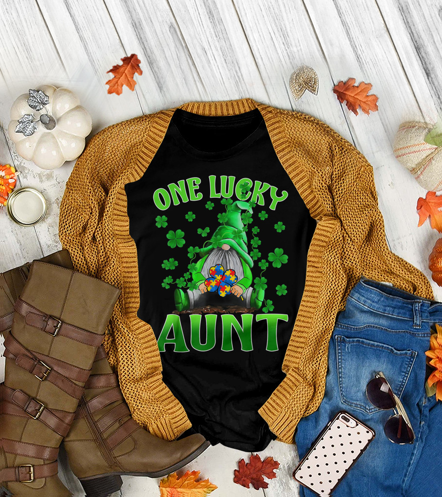 One Lucky Aunt Gnome with Autism Puzzle and Shamrocks T-Shirt