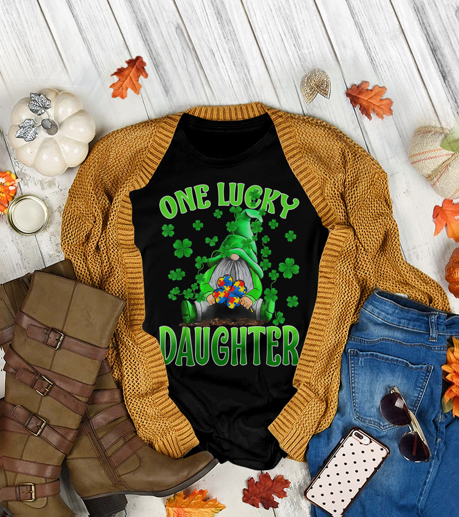 One Lucky Daughter Gnomes Autism Puzzle Shamrock T-Shirt
