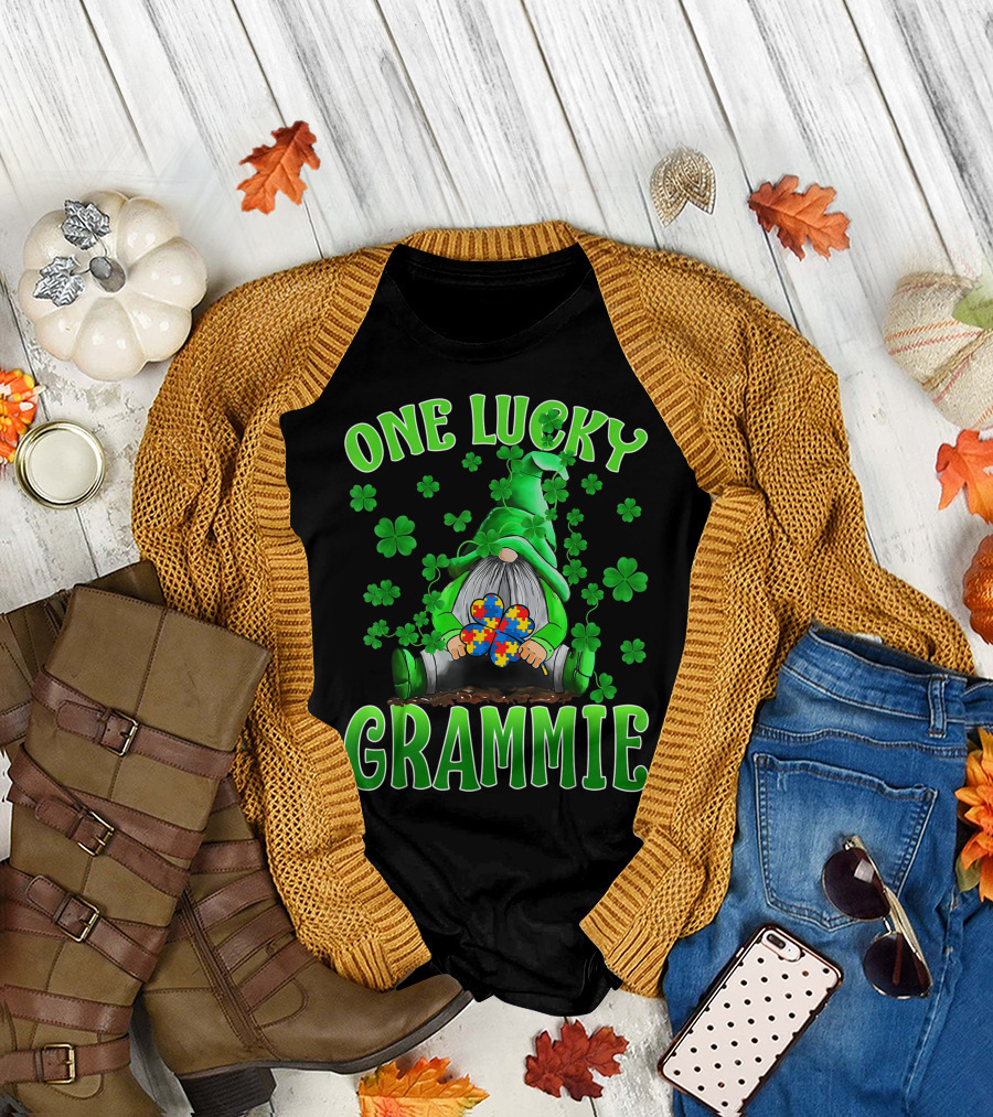 One Lucky Grammie Gnomes Autism Shamrocks T-Shirt