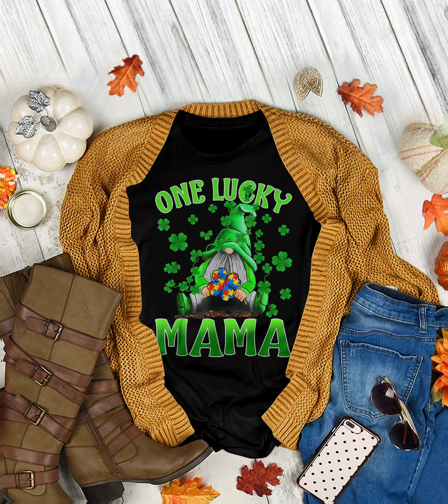One Lucky Mama Gnome Autism Puzzle Clover T-Shirt