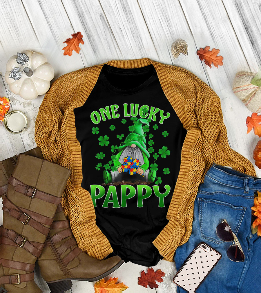 One Lucky Pappy Gnomes Autism Puzzle Shamrock T-Shirt