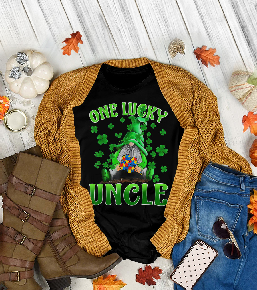 One Lucky Uncle Gnome Autism Puzzle Clover Shamrock T-Shirt