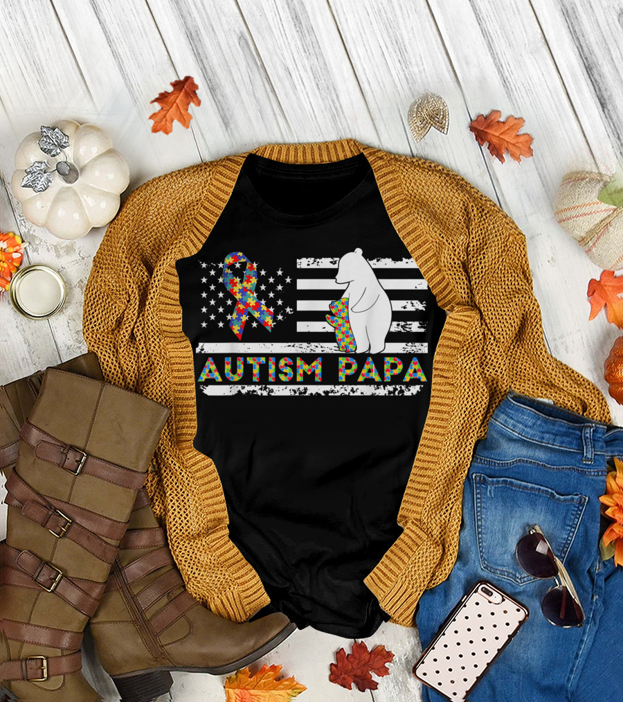 Autism Papa Awareness American Flag Bear Puzzle Vintage Support T-Shirt