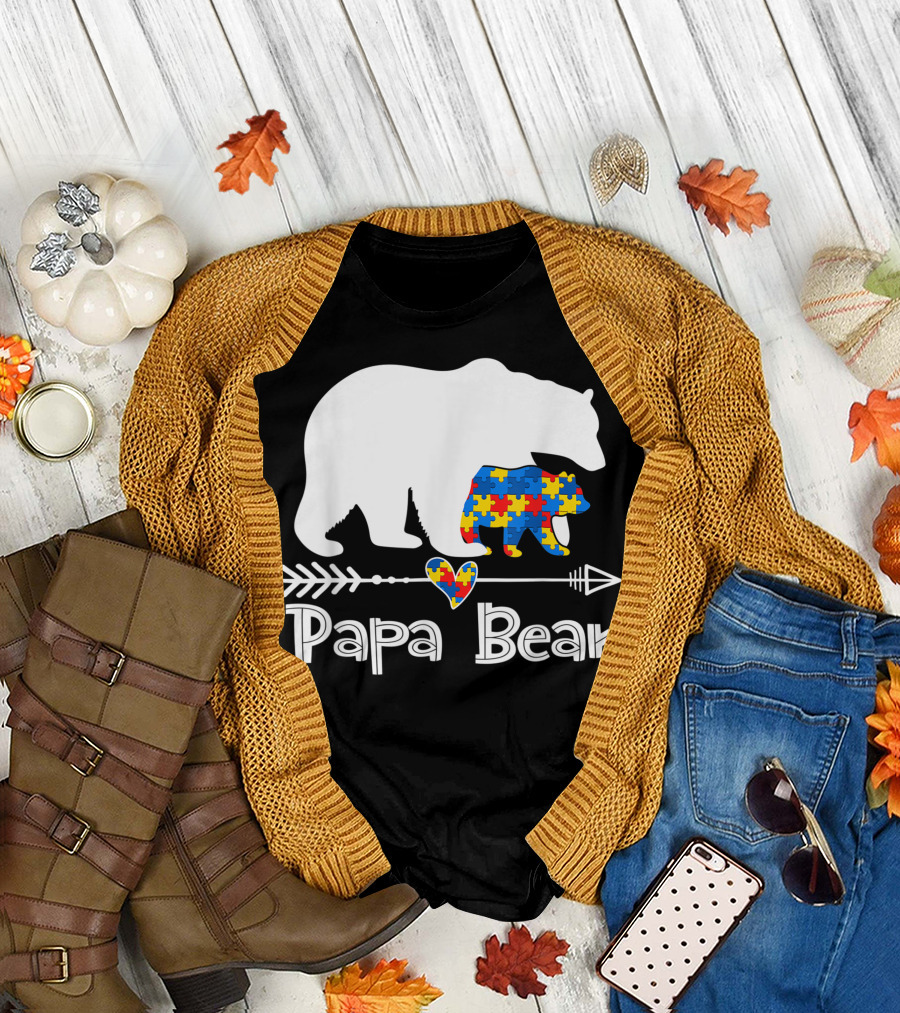 Papa Bear Autism Awareness Puzzle Piece Heart Support Autistic Dad T-Shirt