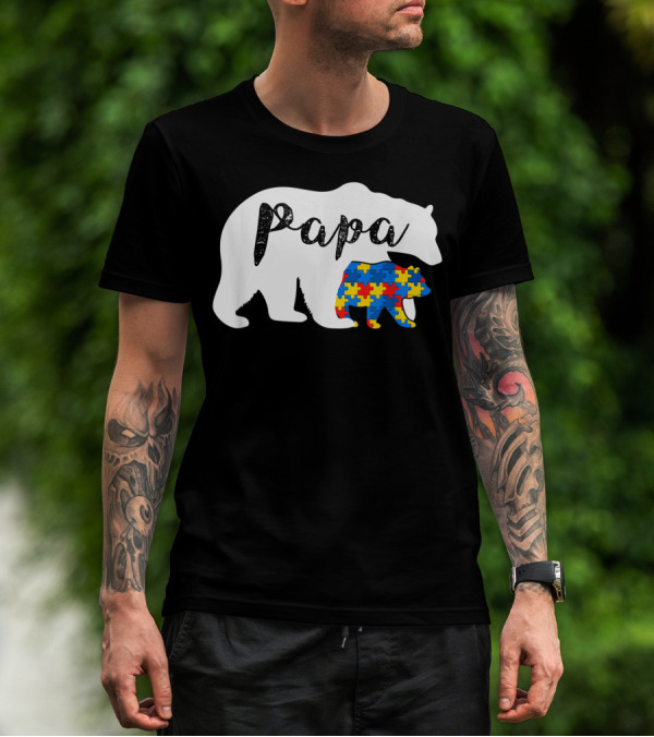 Papa Bear Autism Awareness Support Autistic Puzzle T-Shirt