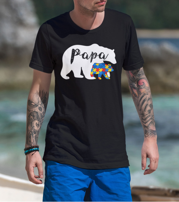 Papa Bear Autism Awareness Support Autistic Puzzle T-Shirt