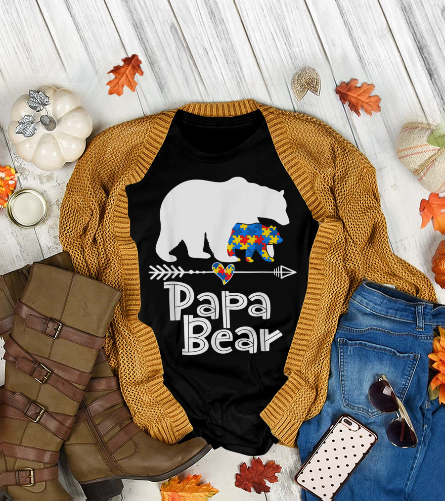Papa Bear Puzzle Piece Heart Autism Dad Awareness Support Autistic T-Shirt