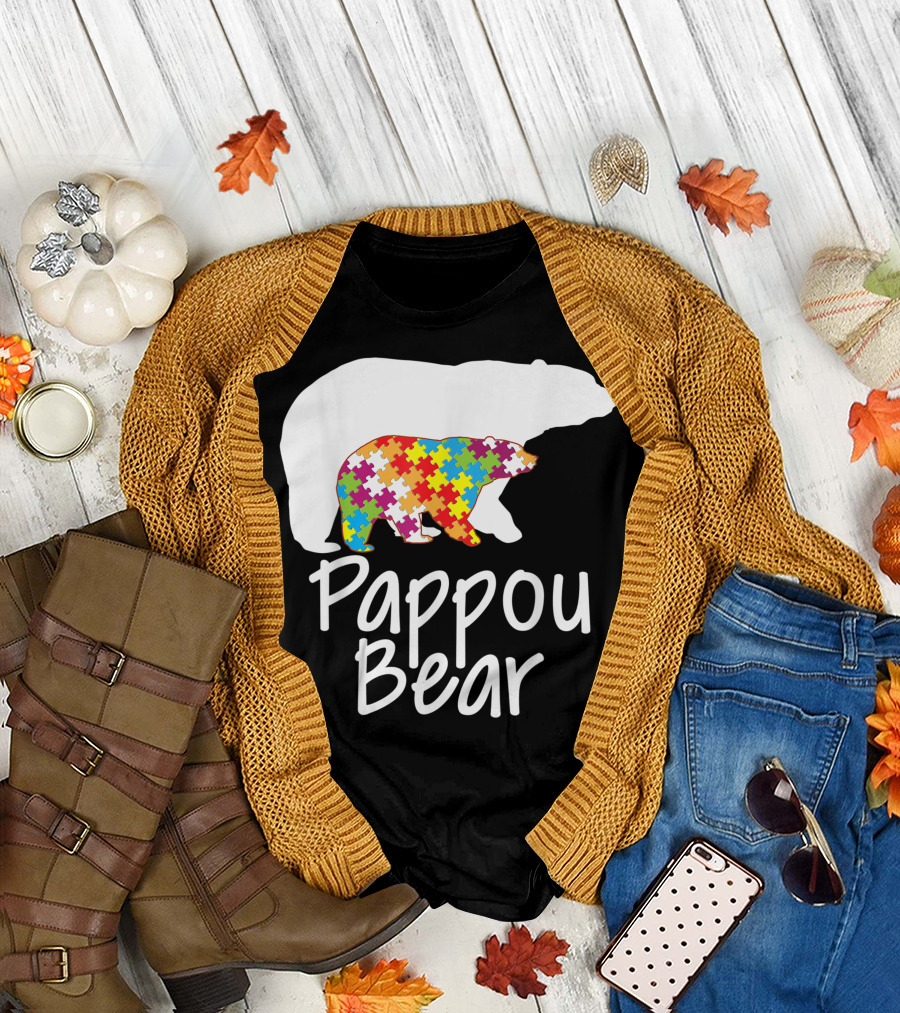 Pappou Bear Autism Awareness Rainbow Puzzle Ribbon Day T-Shirt