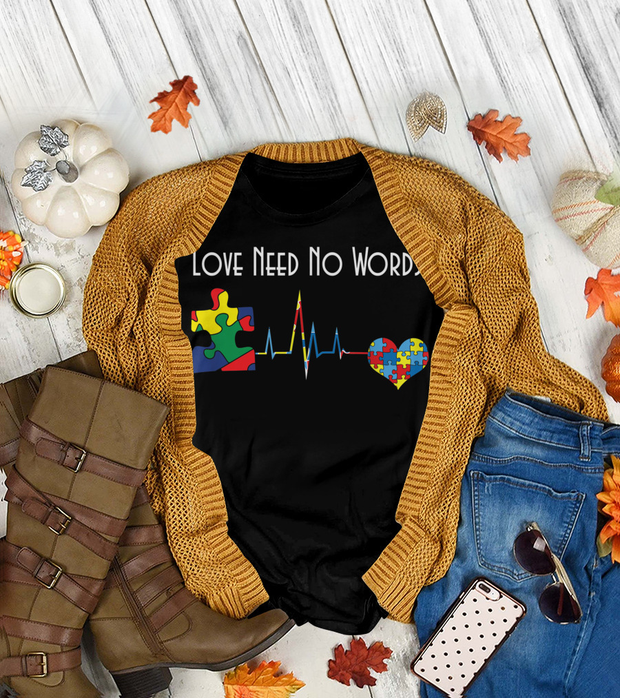 Love Need No Words Puzzle Heart and Autism Awareness Elements T-Shirt