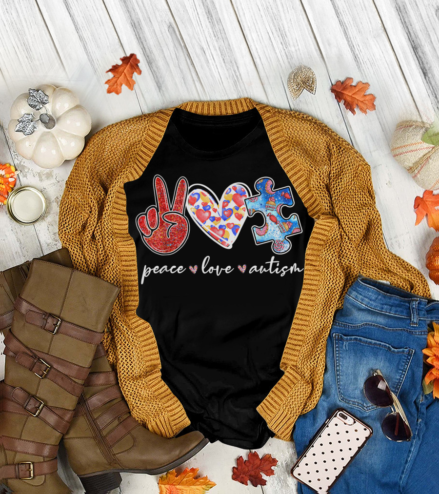 Peace Love Autism Heart and Puzzle Piece T-Shirt