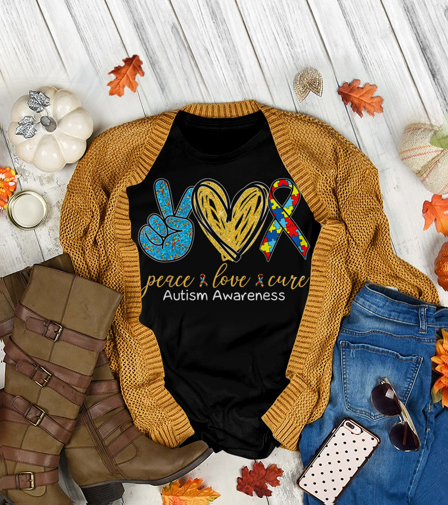 Peace Love Cure Autism Awareness Puzzle Pieces T-Shirt