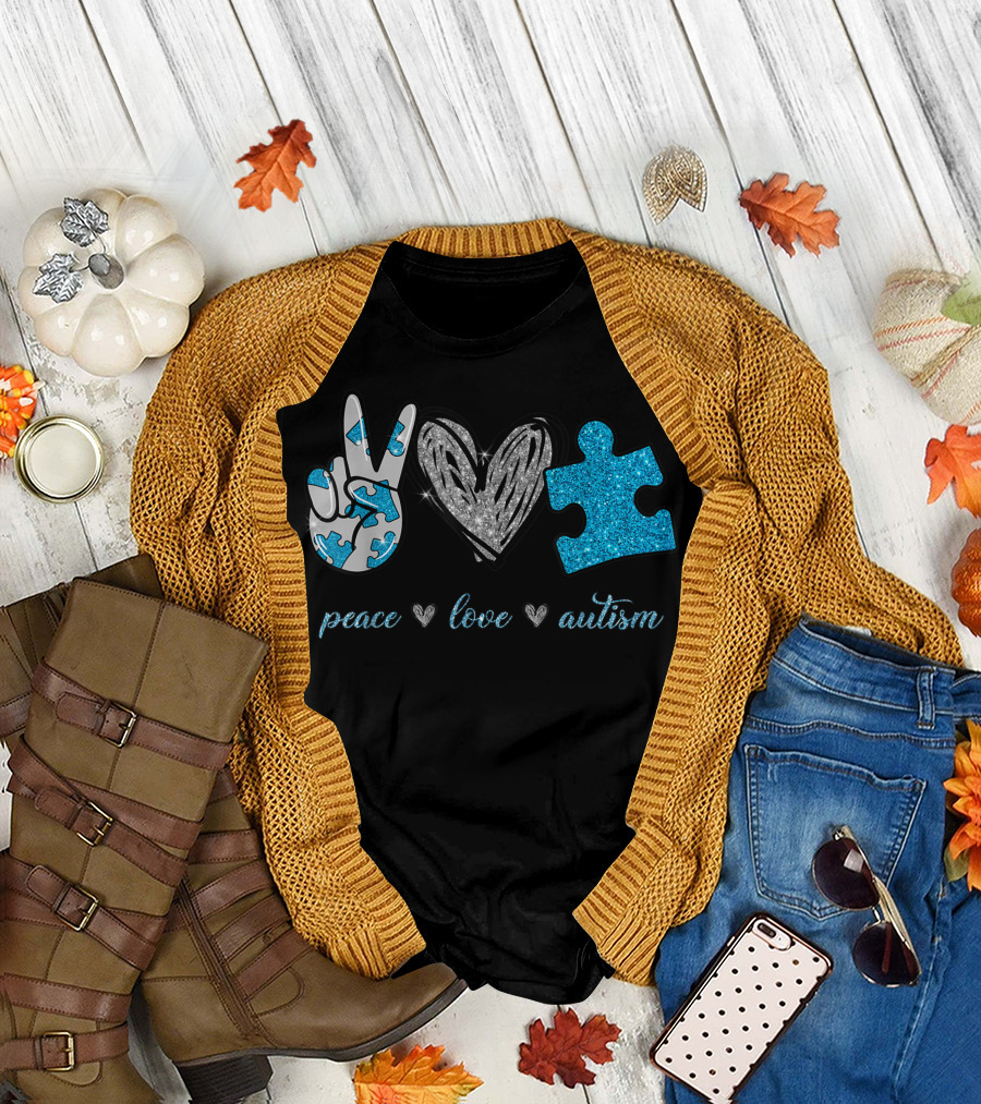Peace Love Autism Heart Puzzle Peace Sign T-Shirt