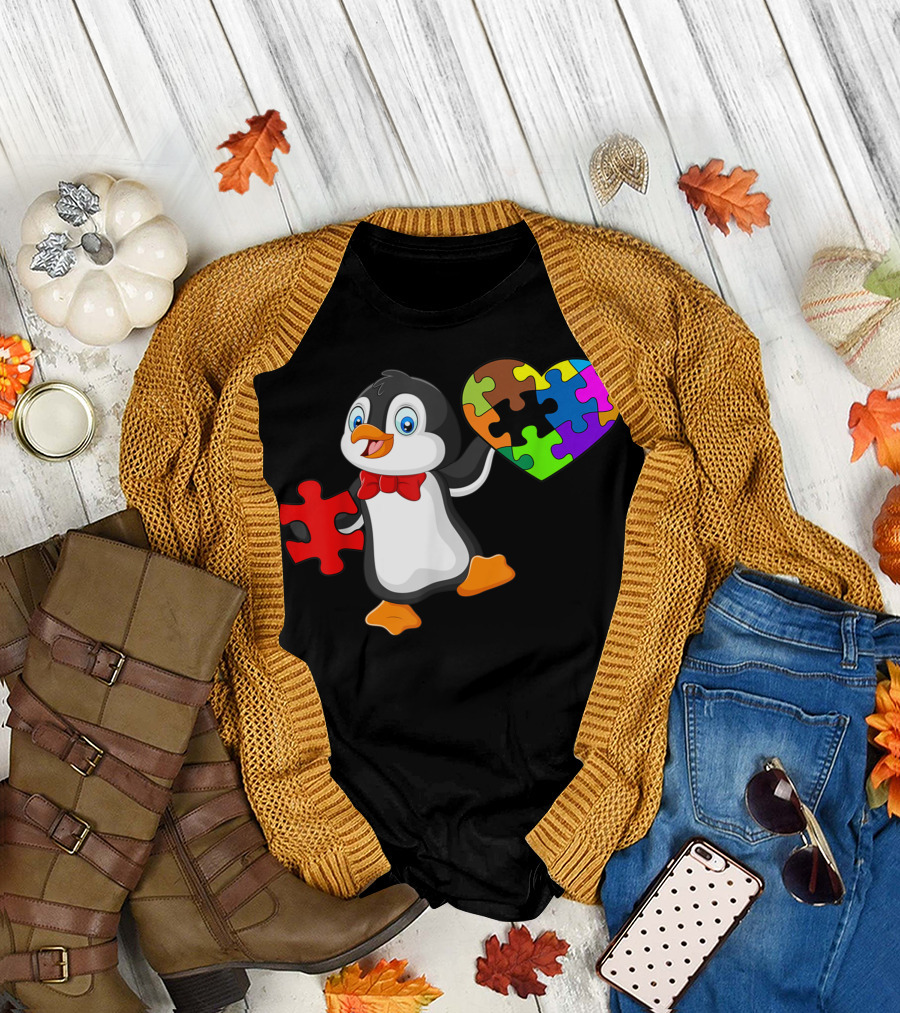 Penguin with Puzzle Piece Heart for Autism Awareness T-Shirt