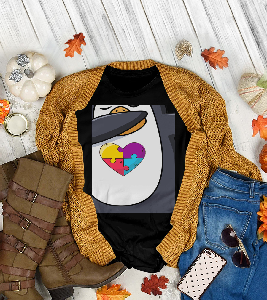 Penguin Dabbing Heart Puzzle Piece Autism Awareness T-Shirt