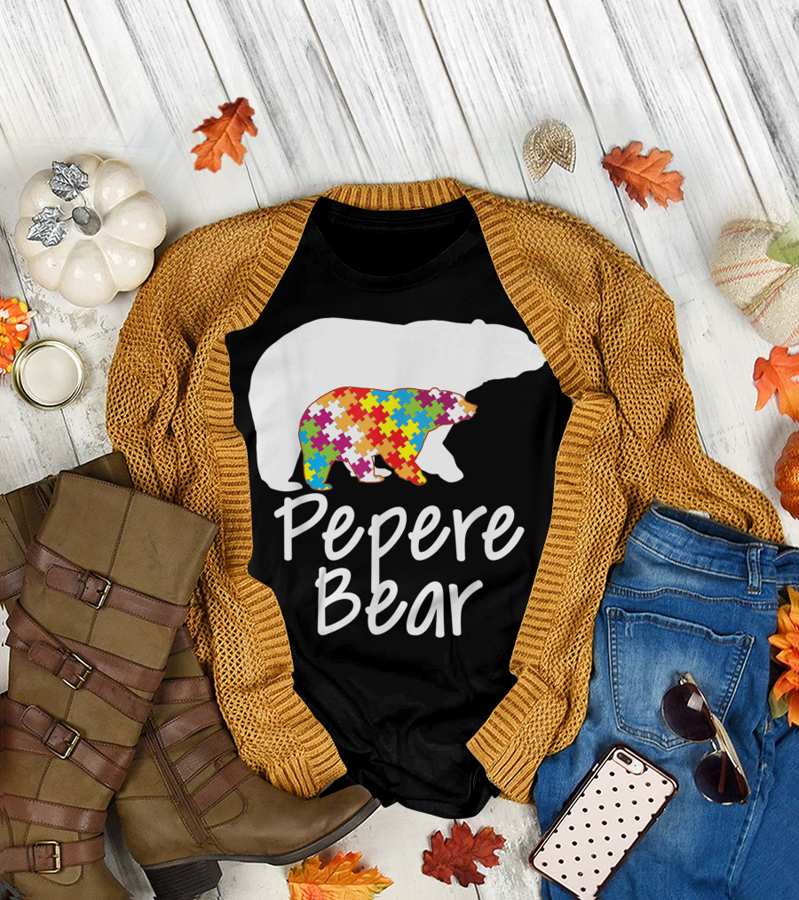 Pepere Bear Autism Awareness Rainbow Puzzle Ribbon Day T-Shirt