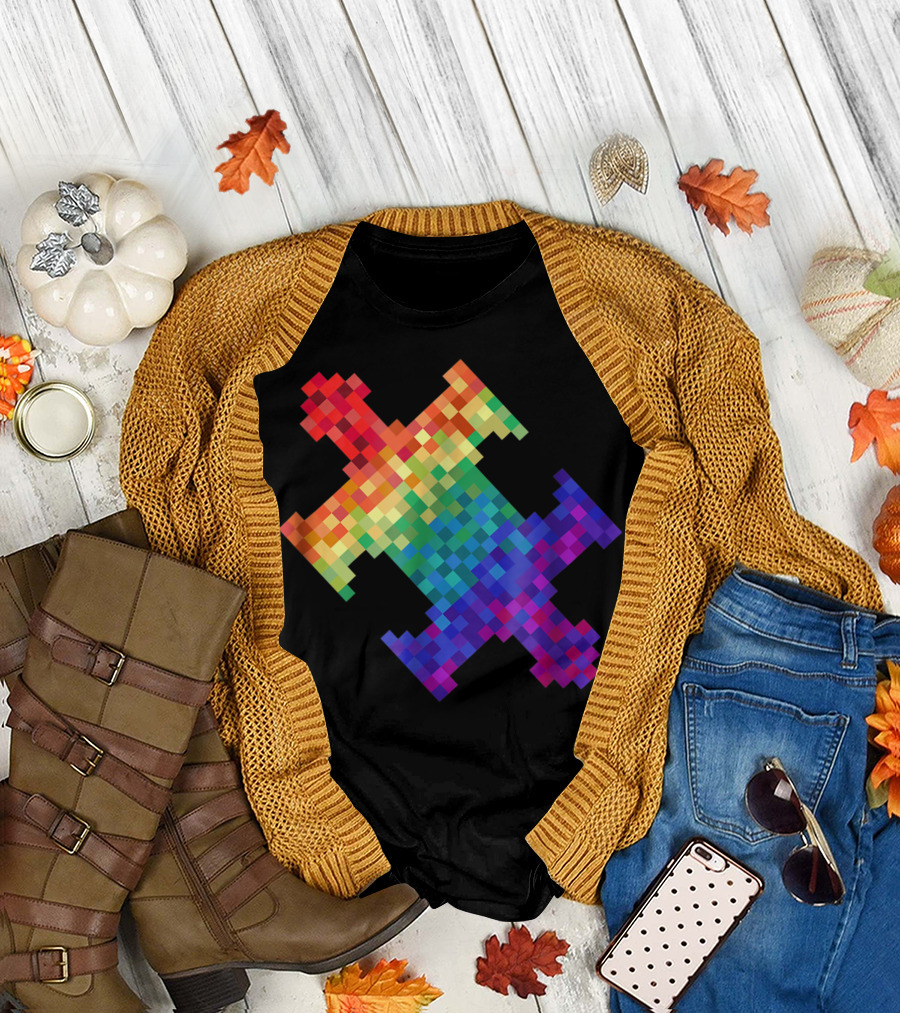 Pixel Puzzles Autism Awareness Rainbow Puzzle Piece T-Shirt