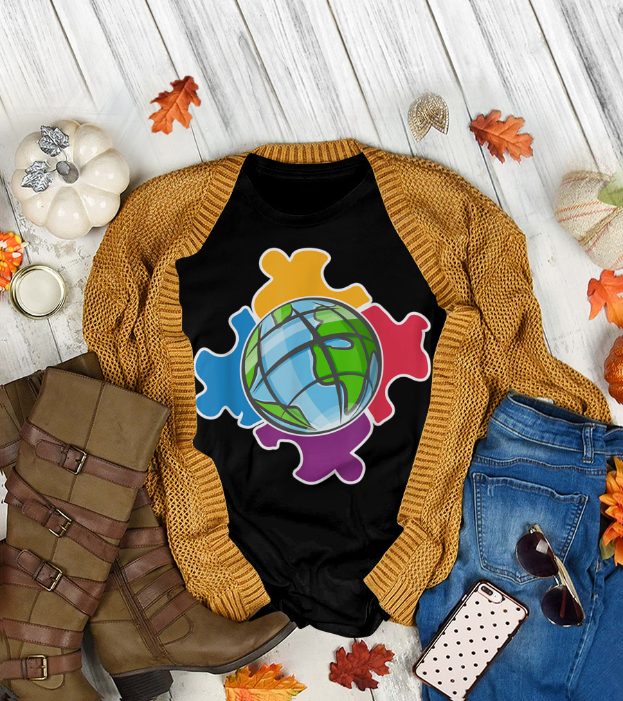 Planet Earth Autism Awareness Colorful Puzzle Piece T-Shirt