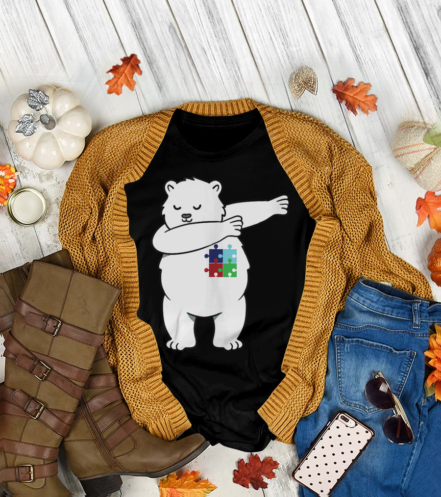 Polar Bear Dabbing Autism Awareness Puzzle Pieces T-Shirt