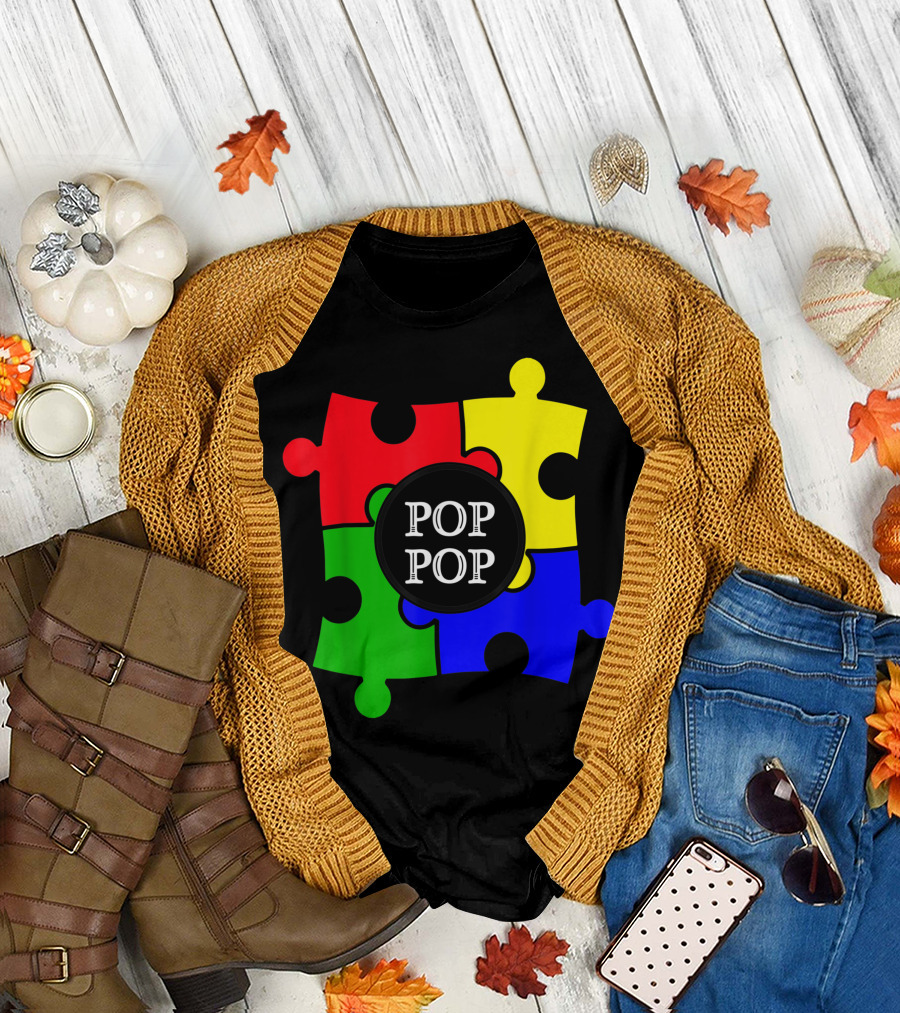 Pop Pop Autism Awareness Puzzle Piece Granddad Grandfather T-Shirt