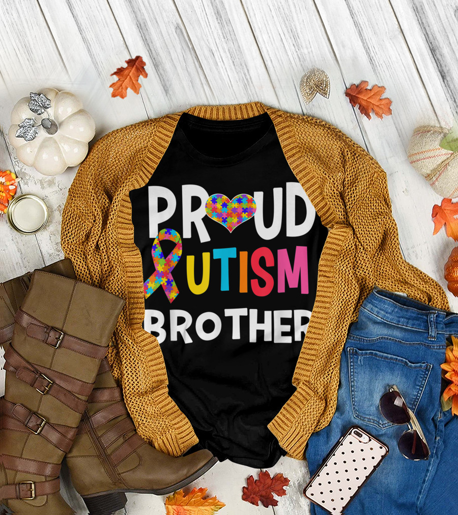 Proud Brother Autism Awareness Autistic Heart and Ribbon Puzzle T-Shirt